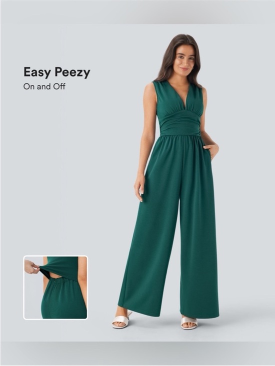 HALARA Pants - NWT HALARA Sleeveless Wide-Leg V-Neck Jumpsuit in Teal Green